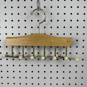 Vtg Mid Century Golf Ball Tie Belt Rack Wood Brass Wall Organizer